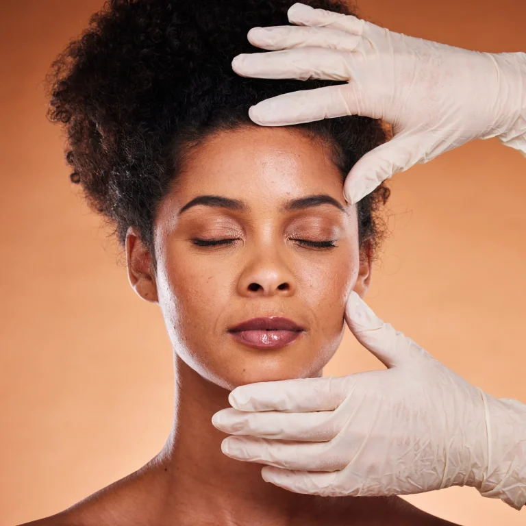 plastic-surgery-cosmetics-black-woman-studio-with-medical-hands-botox-aesthetic-facial-dermatology-help-support-trust-mesotherapy-hyaluronic-acid-collagen-girl-model-face